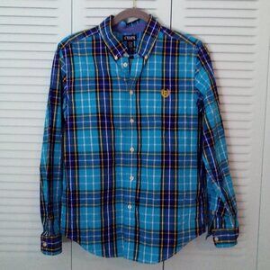 CHAPS XL (18/20) EASY CARE BUTTON-UP PLAID LONG SLEEVE SHIRT EMBROIDERED CREST